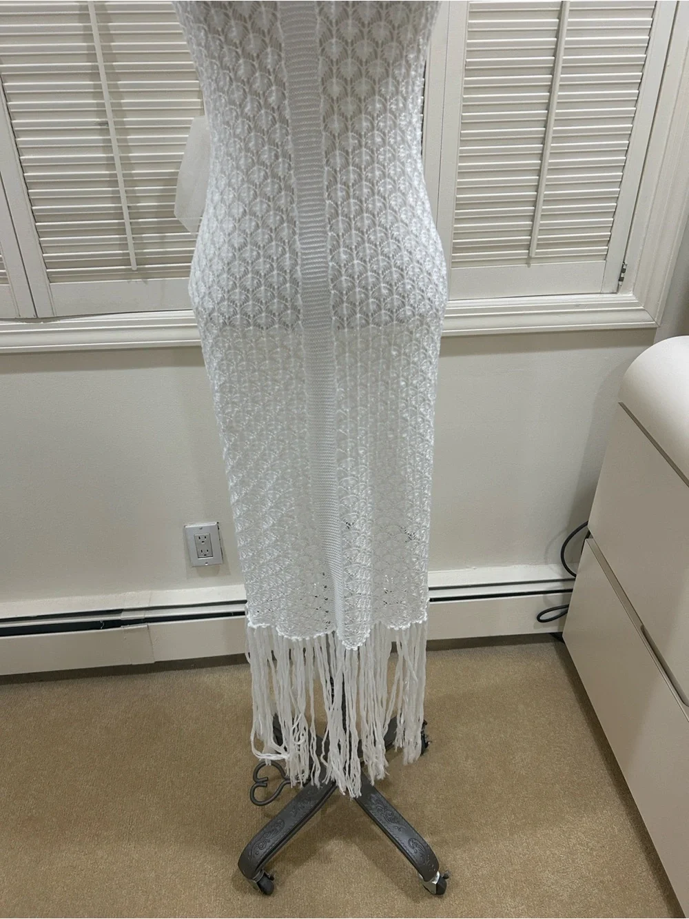 New White Crochet Fringe Maxi Dress Cover up with Collared V-Neck